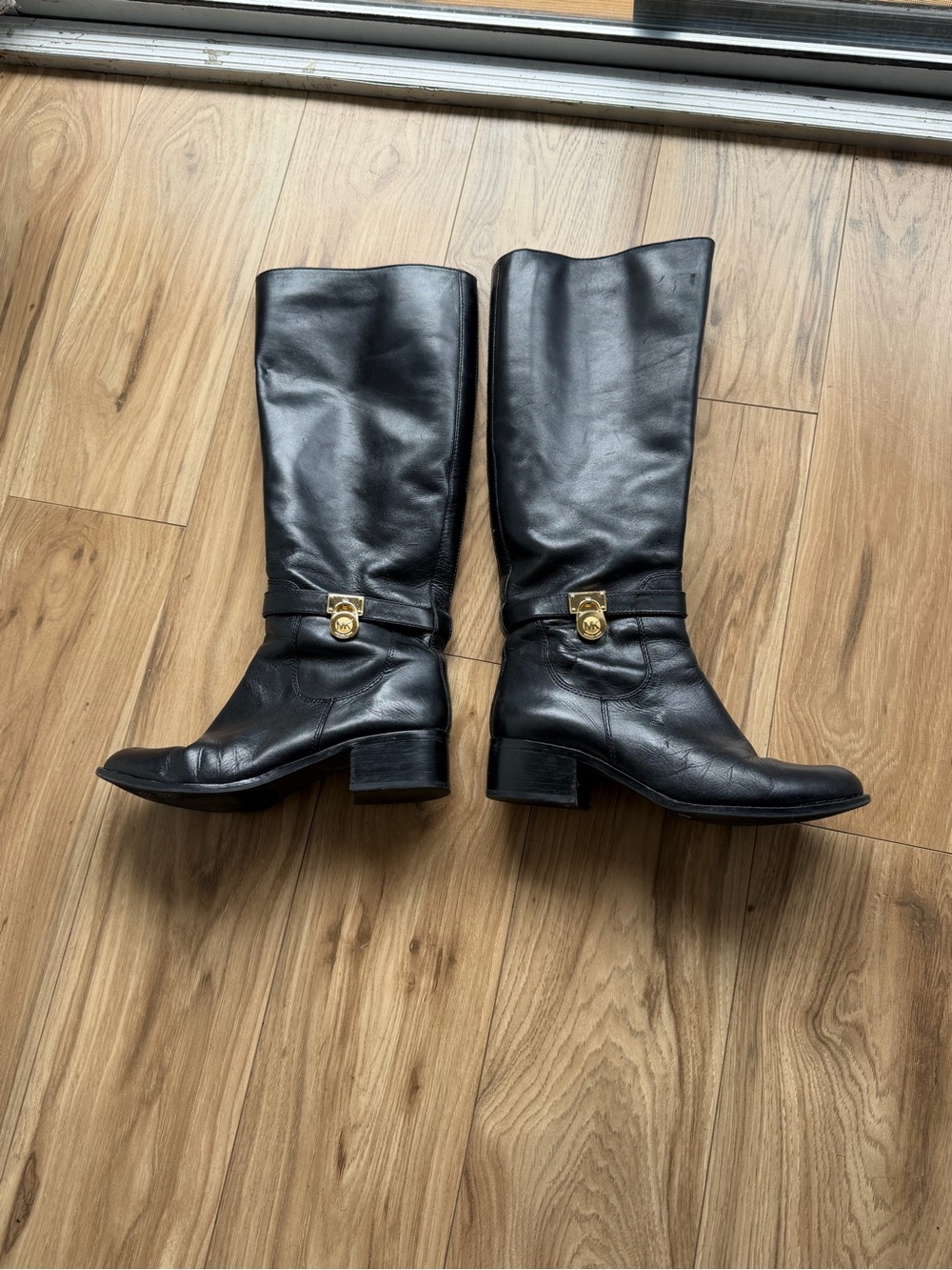 Michael Kors Black Leather Mid-Calf Boots with Gold Hardware